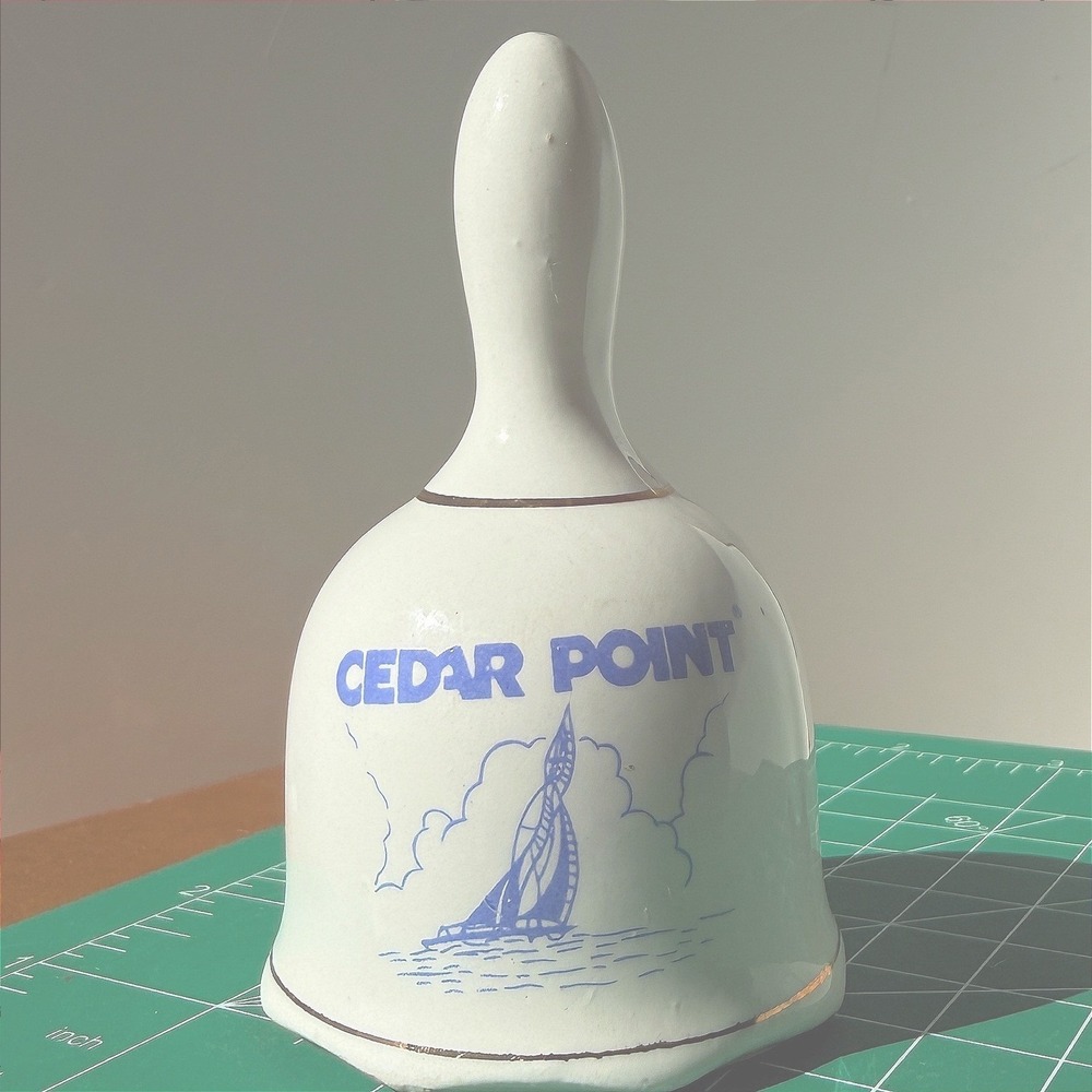 Cedar Point Ceramic Bell Souvenir Nautical Sailboat Graphic Blue Gold Trim